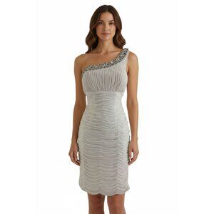 Cache White Ruched One Shoulder Beaded Bodycon Sheath Dress Size 8 Wedding Party